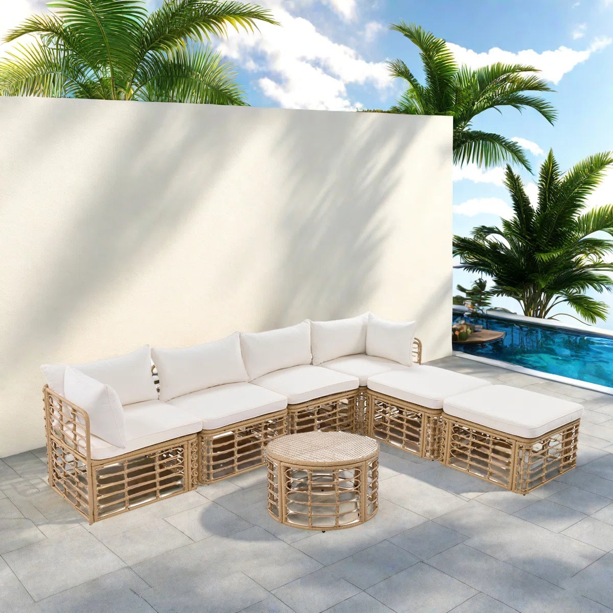 7 Seater Sofa Set: Outdoor Rattan 7-Piece Sectional with 6 Seats, Round Coffee Table & Pillows