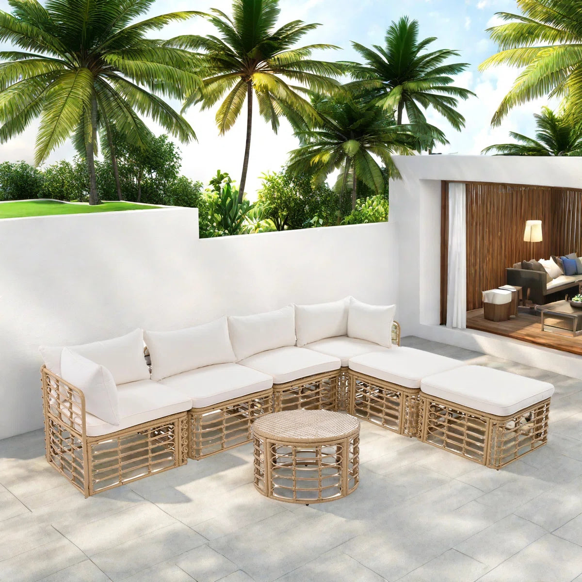 7 Seater Sofa Set: Outdoor Rattan 7-Piece Sectional with 6 Seats, Round Coffee Table & Pillows