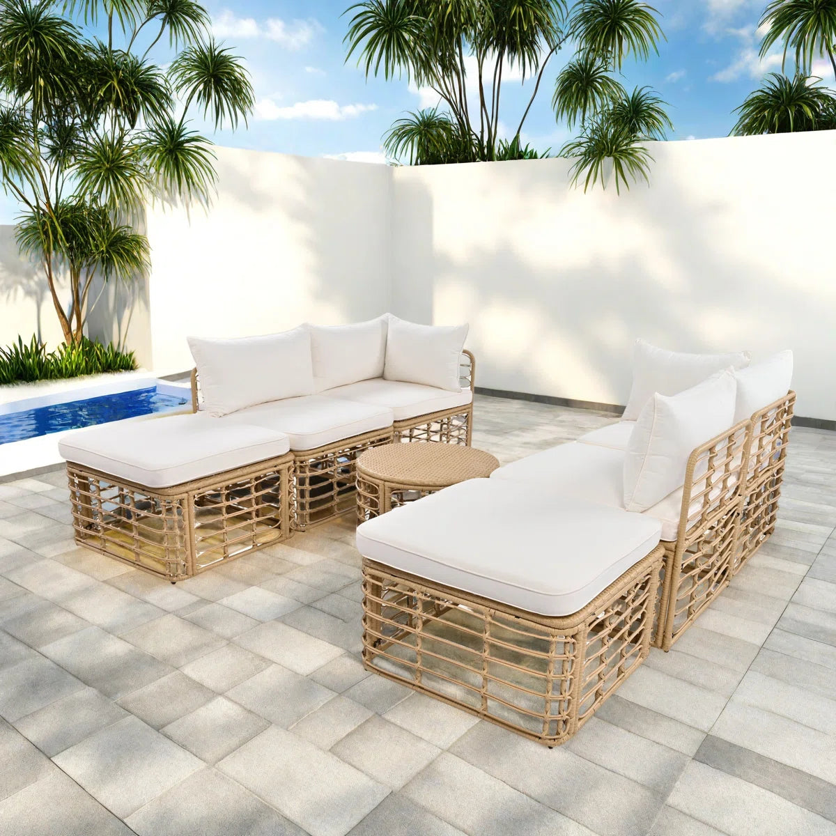 7 Seater Sofa Set: Outdoor Rattan 7-Piece Sectional with 6 Seats, Round Coffee Table & Pillows