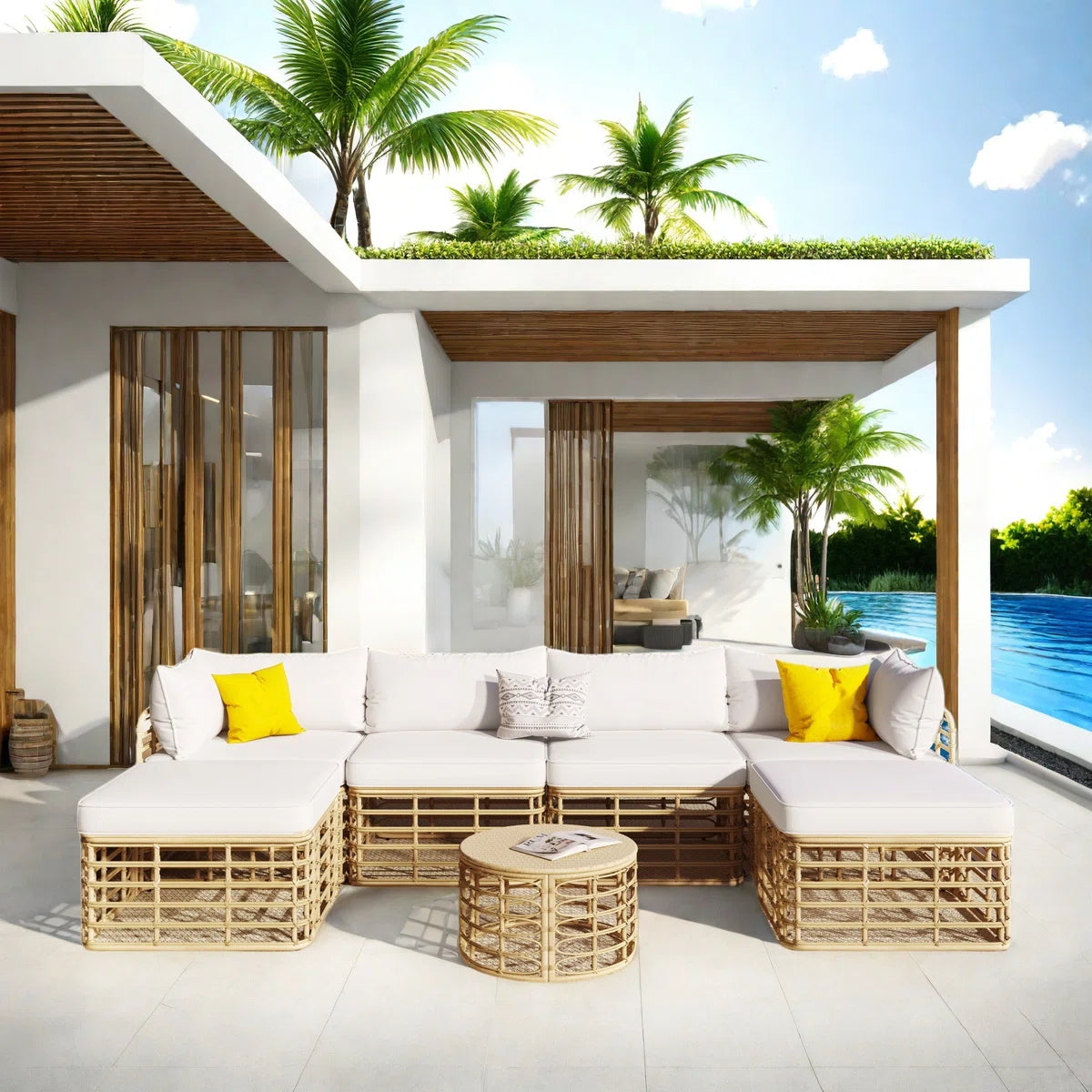 7 Seater Sofa Set: Outdoor Rattan 7-Piece Sectional with 6 Seats, Round Coffee Table & Pillows