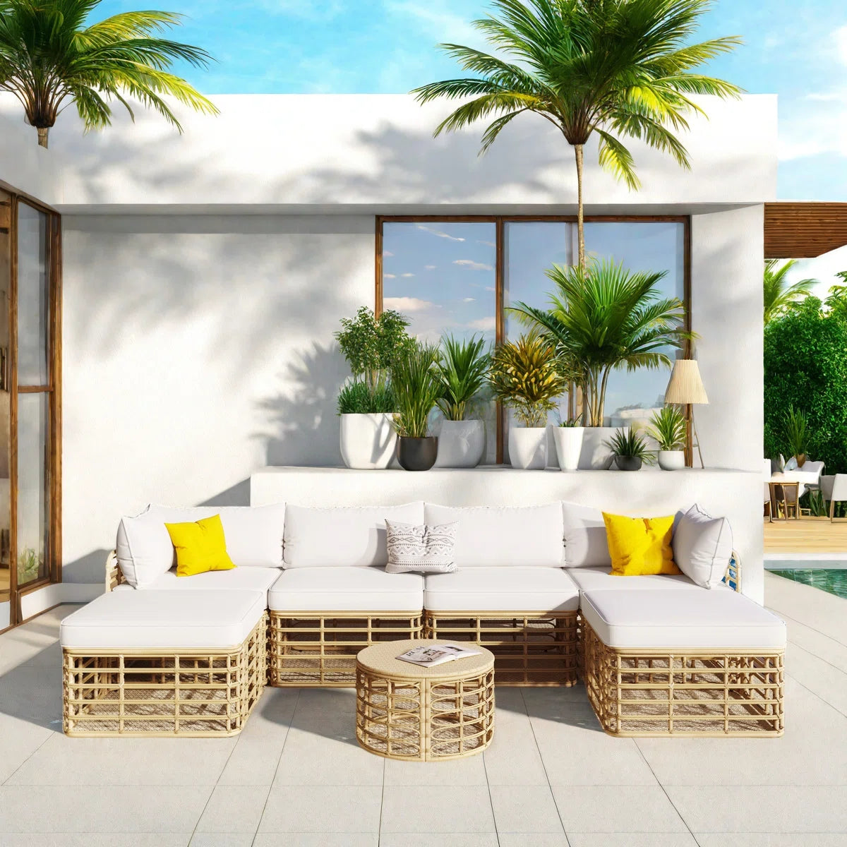 7 Seater Sofa Set: Outdoor Rattan 7-Piece Sectional with 6 Seats, Round Coffee Table & Pillows
