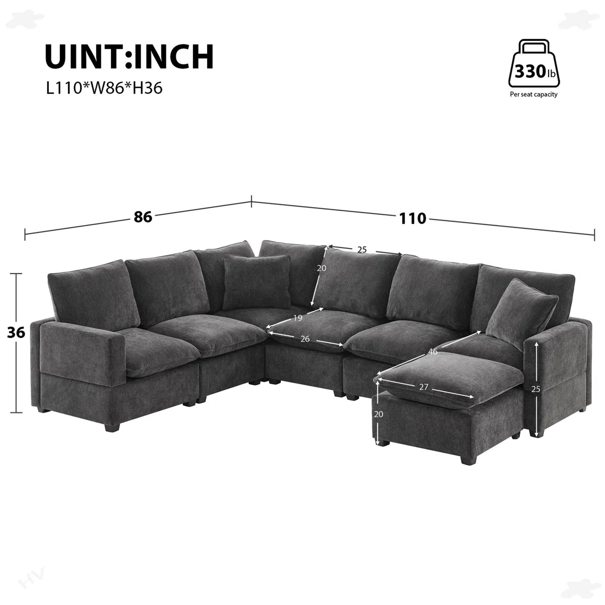 7 Seater Sofa Set: Two pillows are included with this 7 seater Chenille sectional couch set.