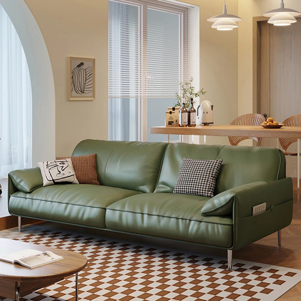 7 Seater Sofa Set: 85.83" Genuine Green Leather 3-Piece Living Room Set