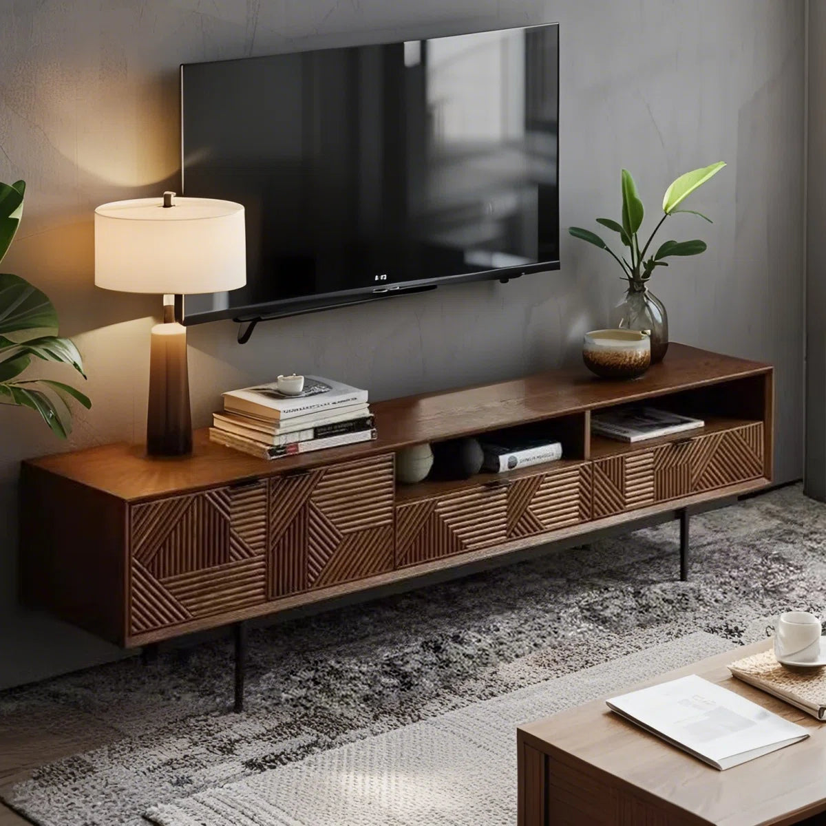 tv panel: 86.61" Retro Brown Solid Wood TV Cabinet with Storage and Drawers