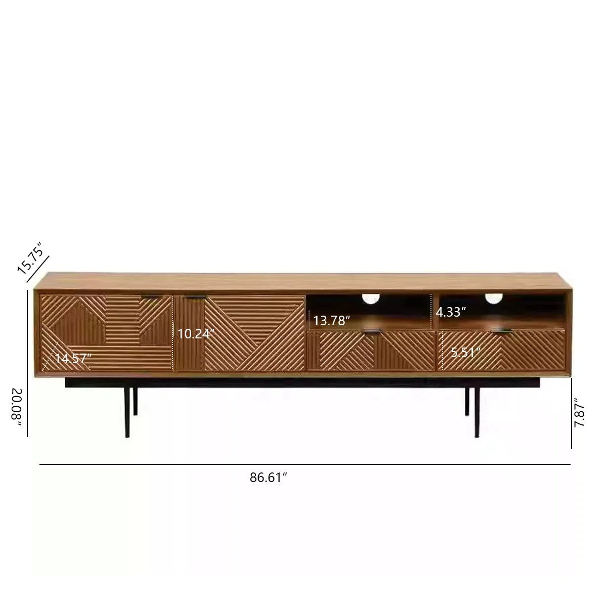 tv panel: 86.61" Retro Brown Solid Wood TV Cabinet with Storage and Drawers