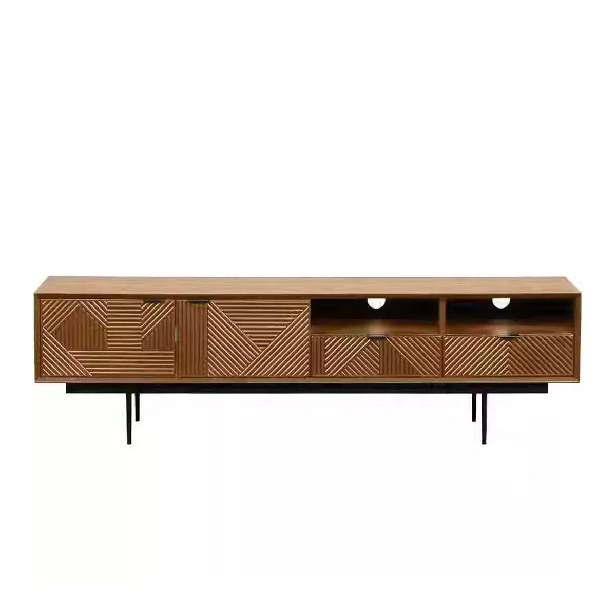 tv panel: 86.61" Retro Brown Solid Wood TV Cabinet with Storage and Drawers