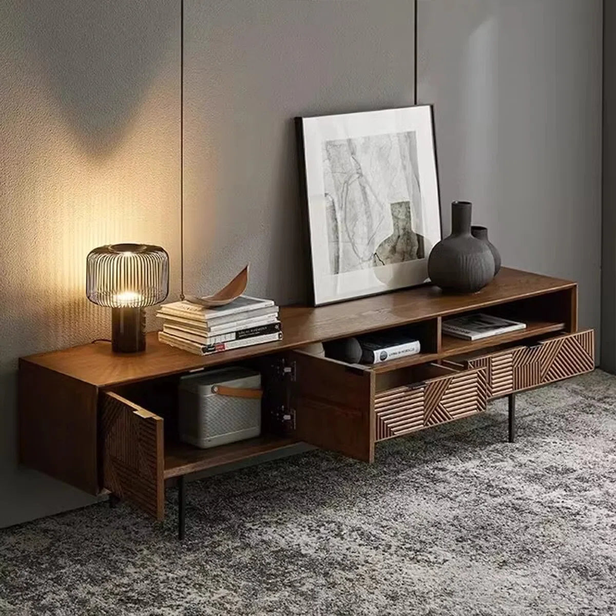 tv panel: 86.61" Retro Brown Solid Wood TV Cabinet with Storage and Drawers