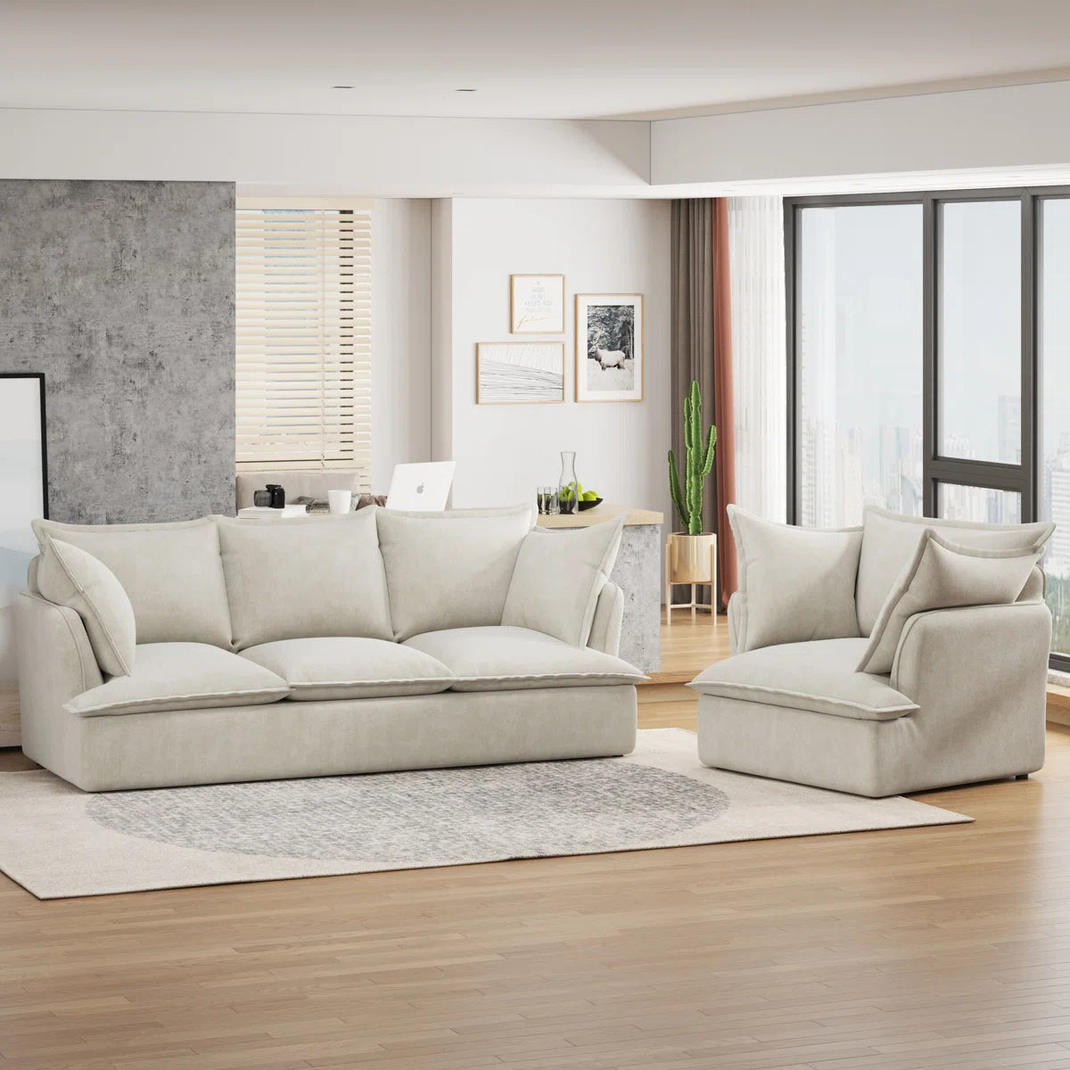 7 Seater Sofa Set: 94" 3+1 Sectional Sofa with Chenille Fabric & Armrest Pillows