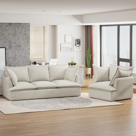 7 Seater Sofa Set: 94" 3+1 Sectional Sofa with Chenille Fabric & Armrest Pillows