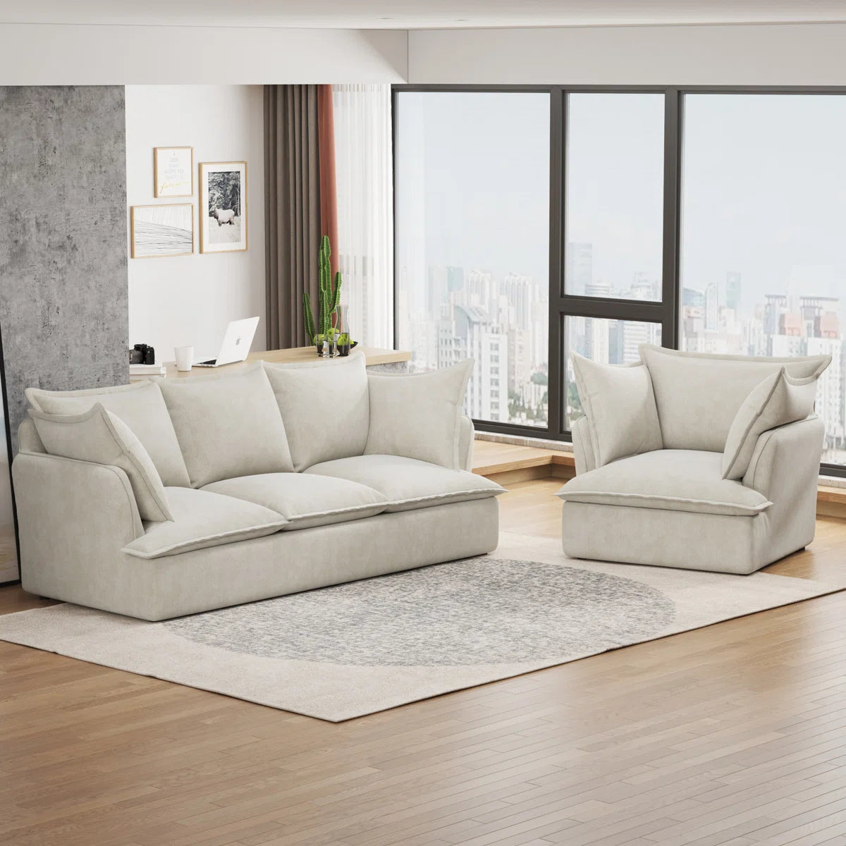 7 Seater Sofa Set: 94" 3+1 Sectional Sofa with Chenille Fabric & Armrest Pillows