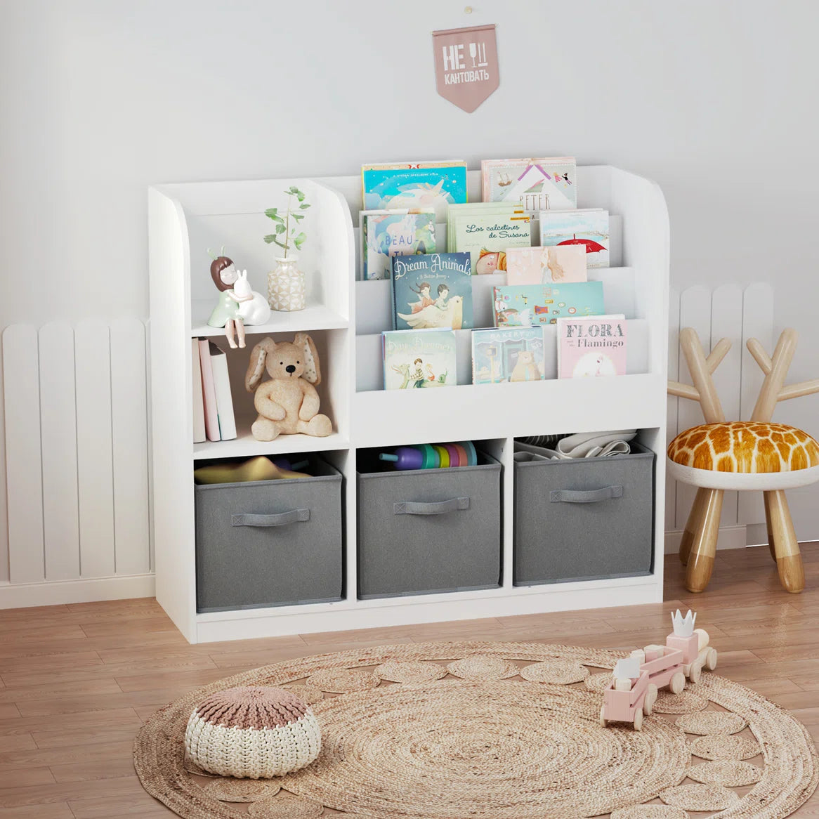 Kids Toy Storage Unit: Child-Friendly White Bookcase with Multi-Layer Shelves