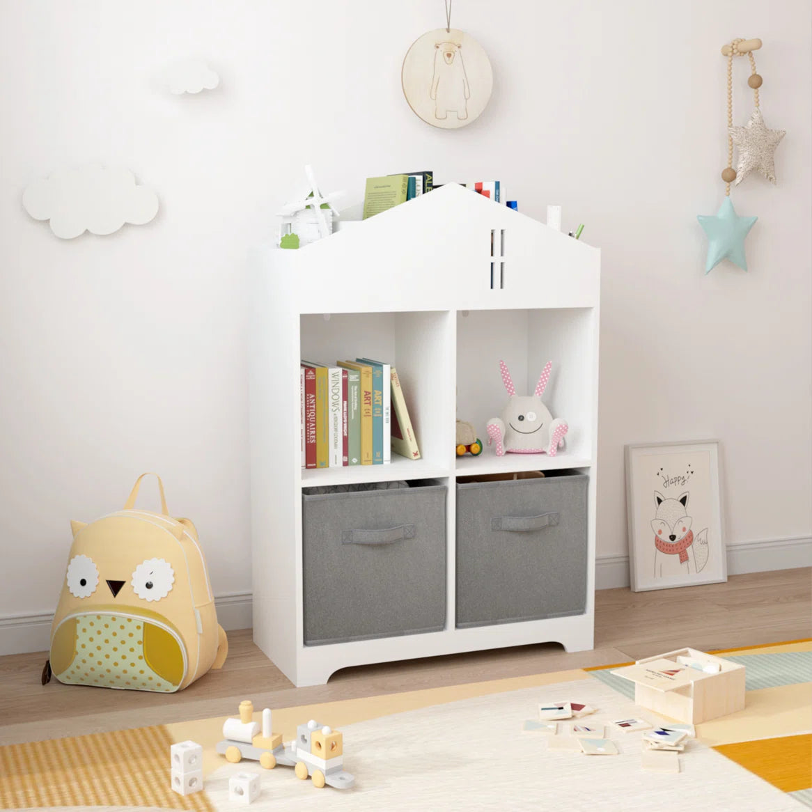 Kids Toy Storage Unit: Multi-Layer Wooden Bookcase with Front-Facing Display