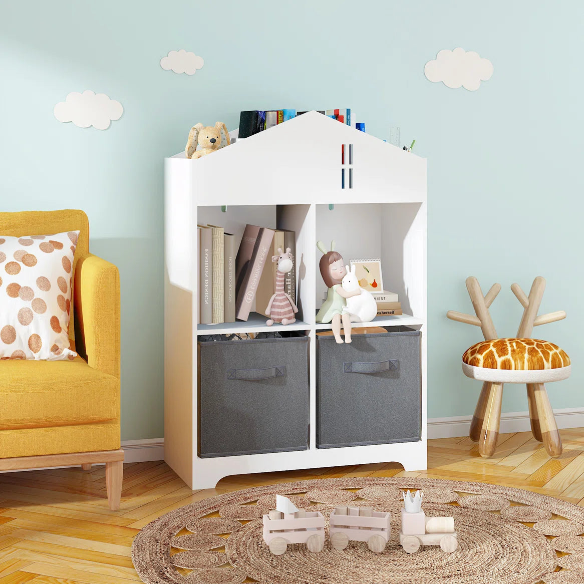 Kids Toy Storage Unit: Multi-Layer Wooden Bookcase with Front-Facing Display