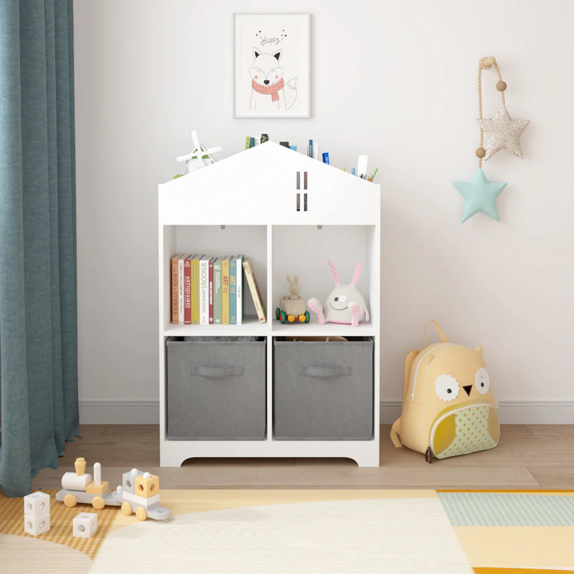 Kids Toy Storage Unit: Multi-Layer Wooden Bookcase with Front-Facing Display