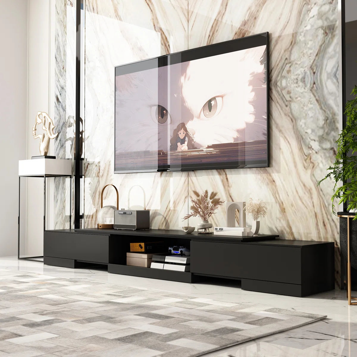 tv panel: Adjustable modern tv panel with expandable storage and low-profile matte black design