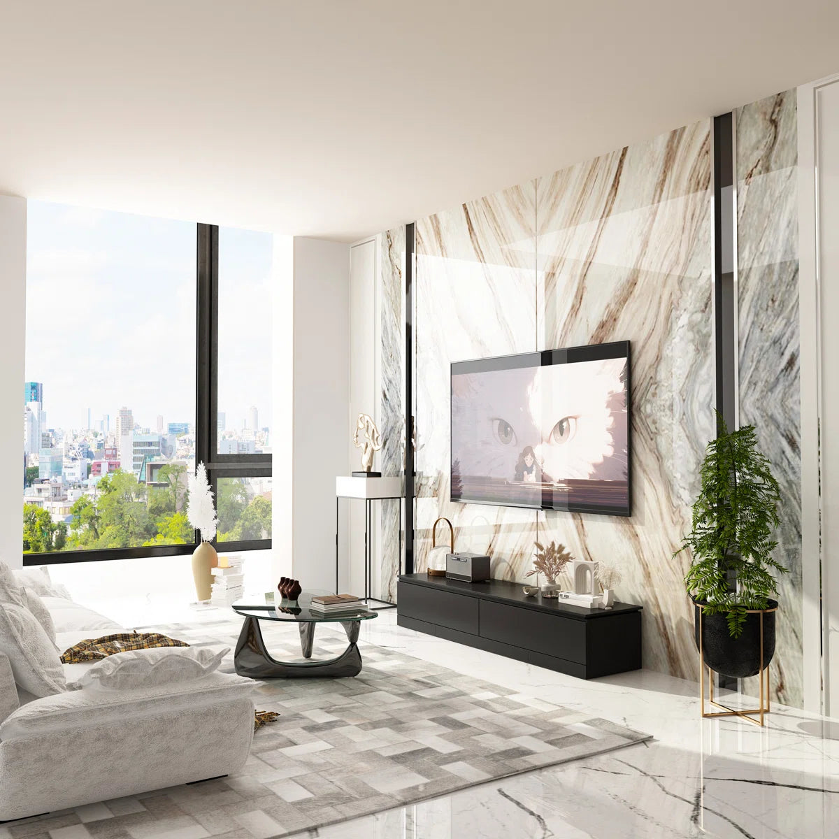 tv panel: Adjustable modern tv panel with expandable storage and low-profile matte black design