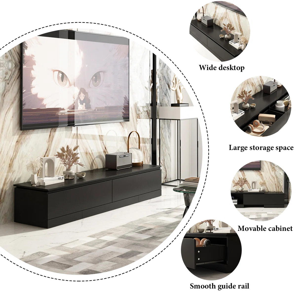 tv panel: Adjustable modern tv panel with expandable storage and low-profile matte black design