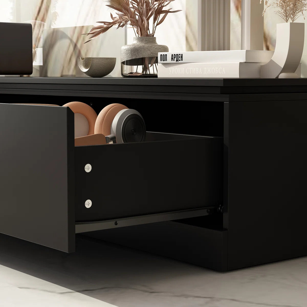 tv panel: Adjustable modern tv panel with expandable storage and low-profile matte black design