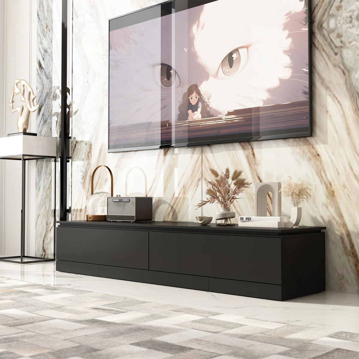 tv panel: Adjustable modern tv panel with expandable storage and low-profile matte black design