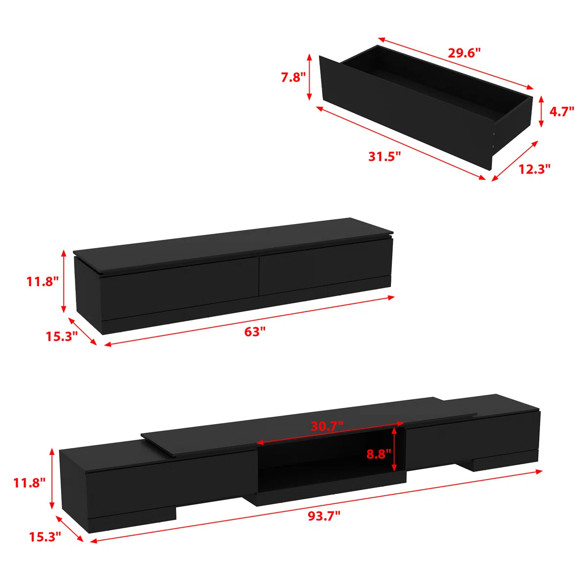 tv panel: Adjustable modern tv panel with expandable storage and low-profile matte black design