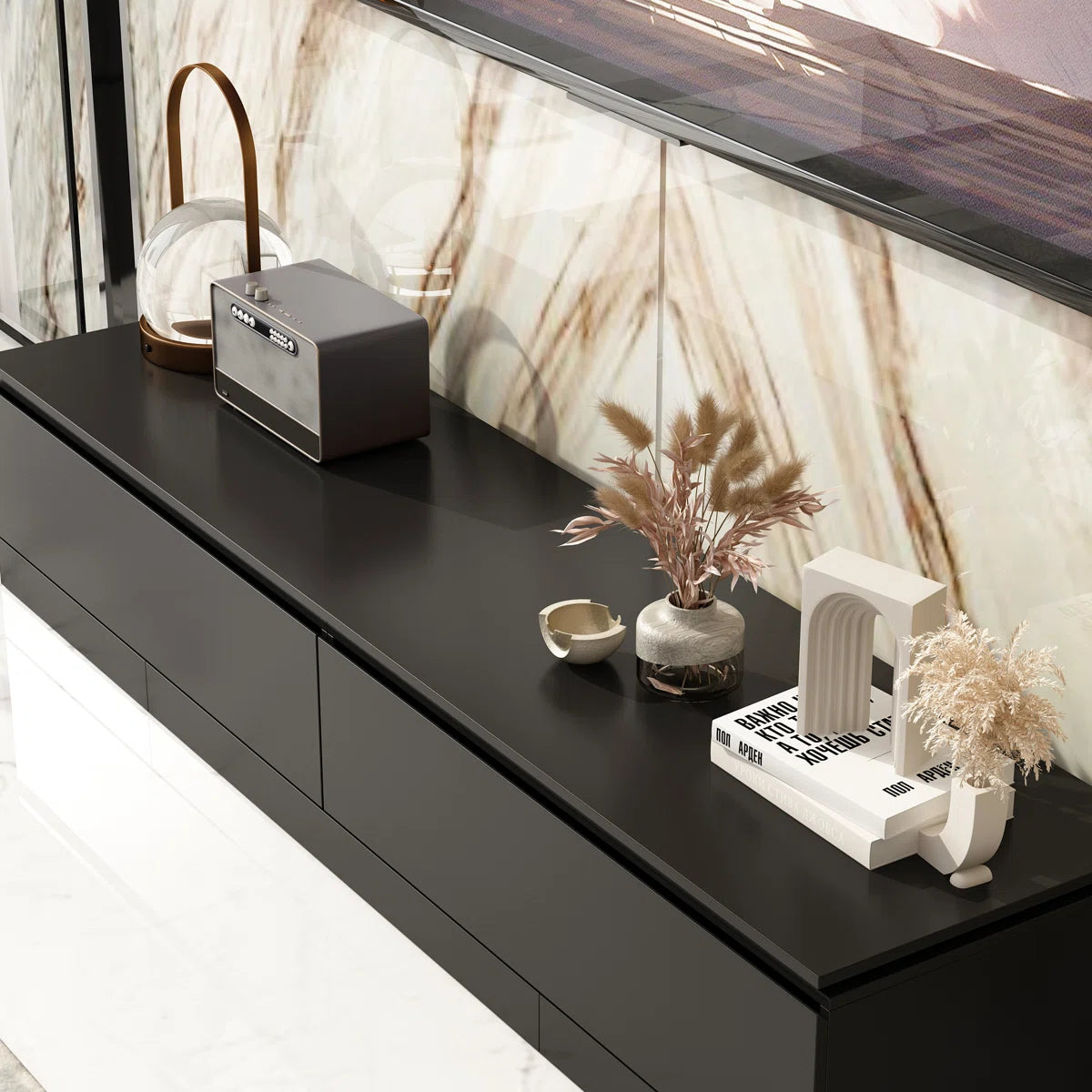 tv panel: Adjustable modern tv panel with expandable storage and low-profile matte black design