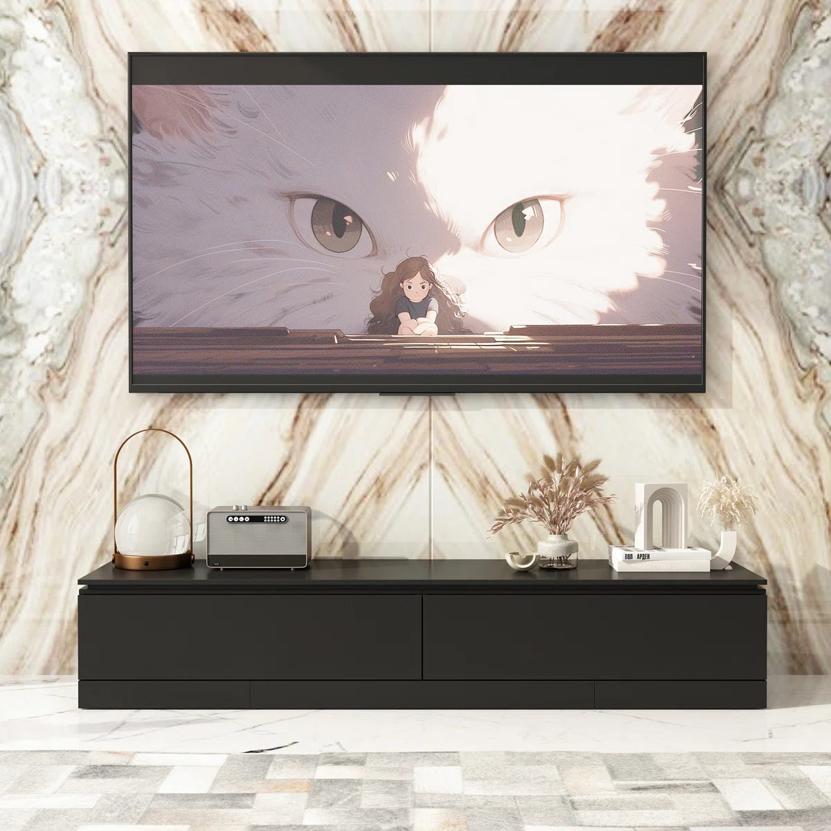 tv panel: Adjustable modern tv panel with expandable storage and low-profile matte black design
