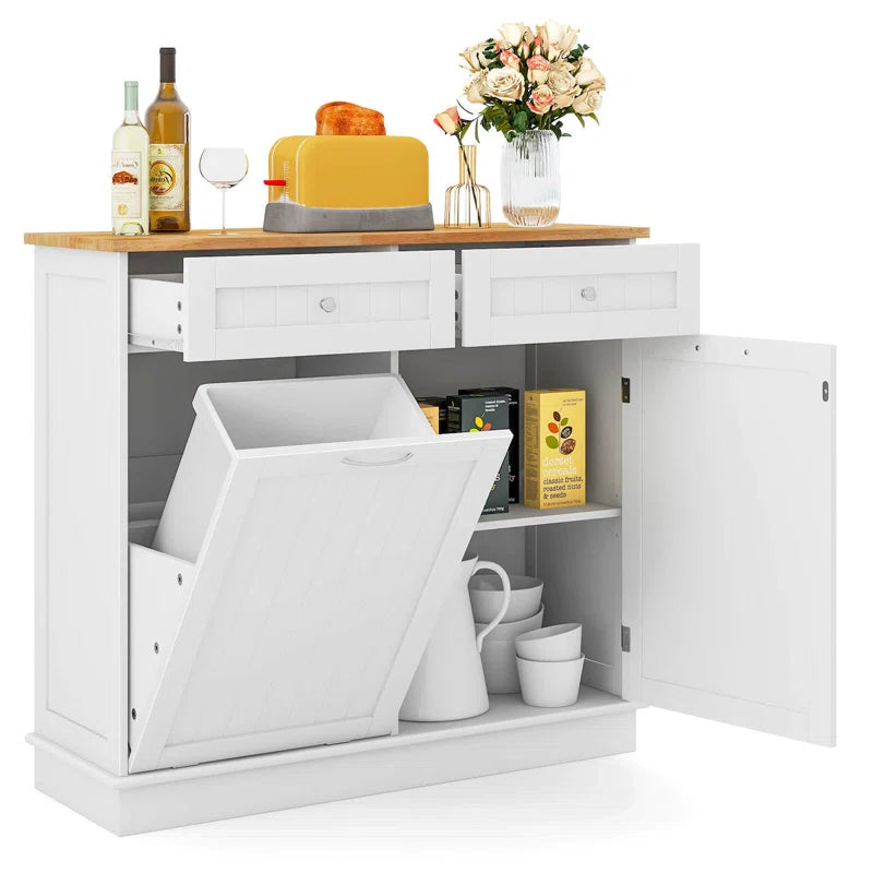 Kitchen Island Table: 39.5''Wide White Tilt-Out Trash Cabinet with Hidden Bin & Drawers
