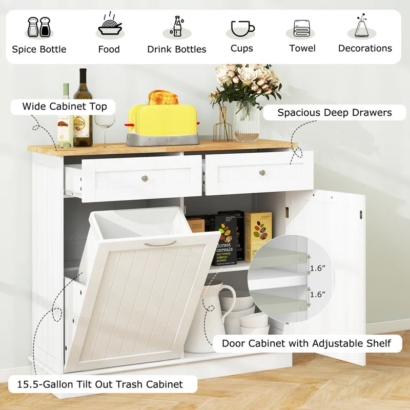 Kitchen Island Table: 39.5''Wide White Tilt-Out Trash Cabinet with Hidden Bin & Drawers