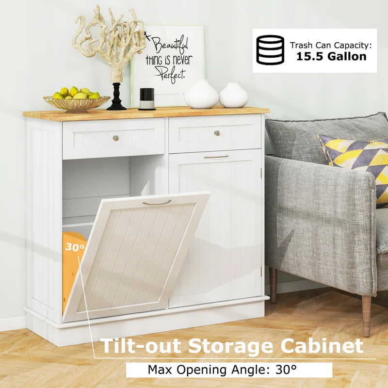 Kitchen Island Table: 39.5''Wide White Tilt-Out Trash Cabinet with Hidden Bin & Drawers