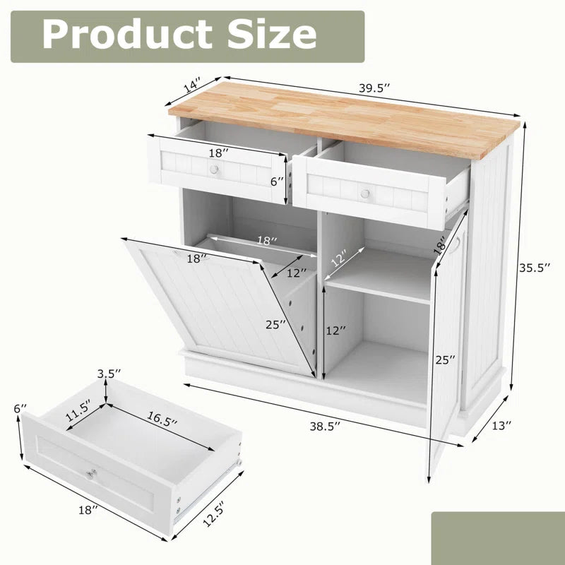 Kitchen Island Table: 39.5''Wide White Tilt-Out Trash Cabinet with Hidden Bin & Drawers