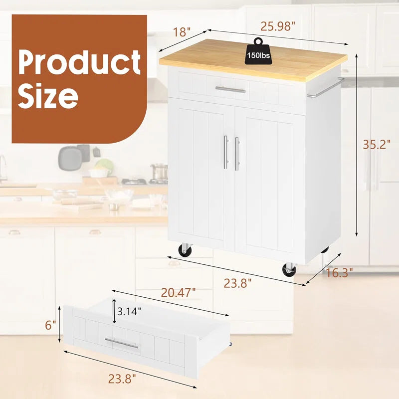 Kitchen Island Table: 25.98'' W Compact Yellow Countertop Island with Drawer, Cabinet & Wheels