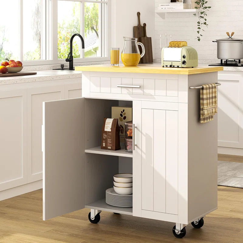 Kitchen Island Table: 25.98'' W Compact Yellow Countertop Island with Drawer, Cabinet & Wheels