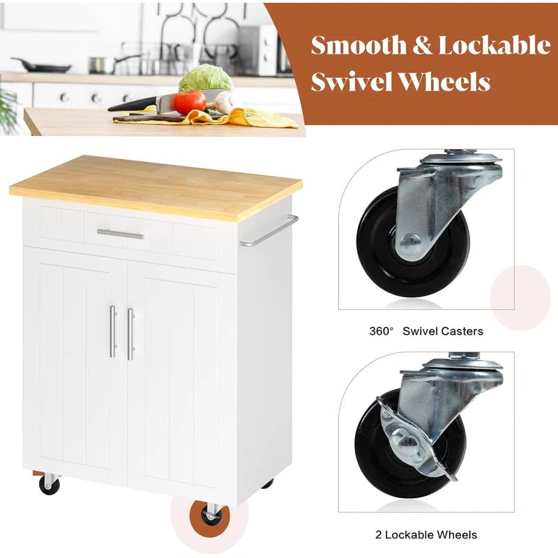 Kitchen Island Table: 25.98'' W Compact Yellow Countertop Island with Drawer, Cabinet & Wheels