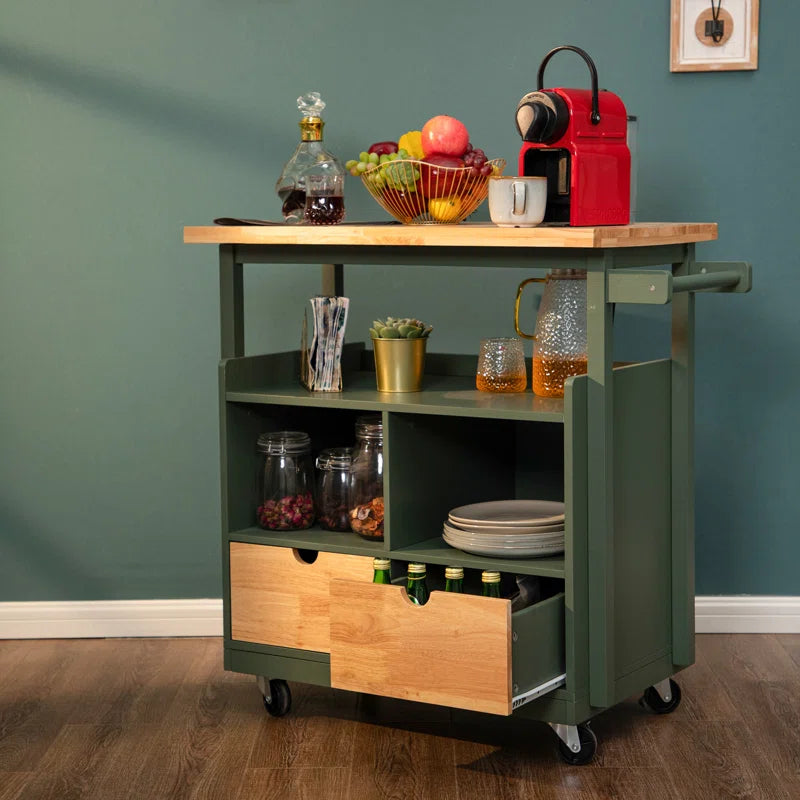 Kitchen Island Table: Foldable Butcher Block Cart with Shelves, Drawers & Towel Rack