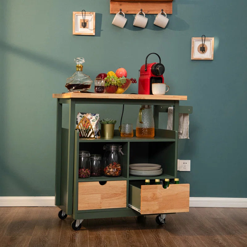 Kitchen Island Table: Foldable Butcher Block Cart with Shelves, Drawers & Towel Rack