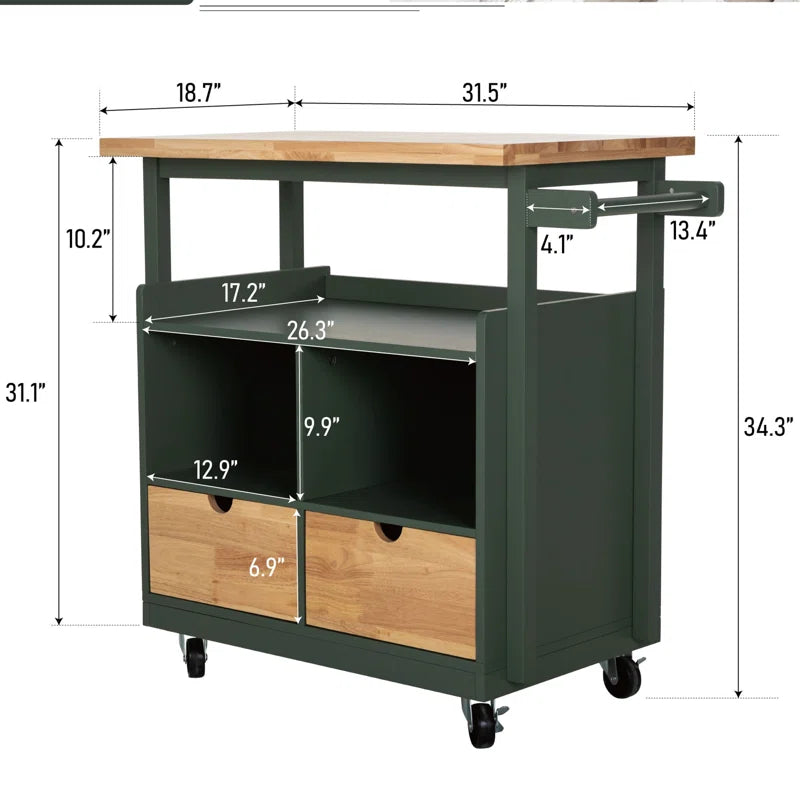 Kitchen Island Table: Foldable Butcher Block Cart with Shelves, Drawers & Towel Rack