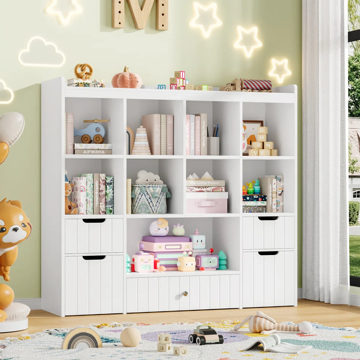 Kids Toy Storage Unit: 9-Cubby Bookcase with 5 Drawers for Toy & Book Storage
