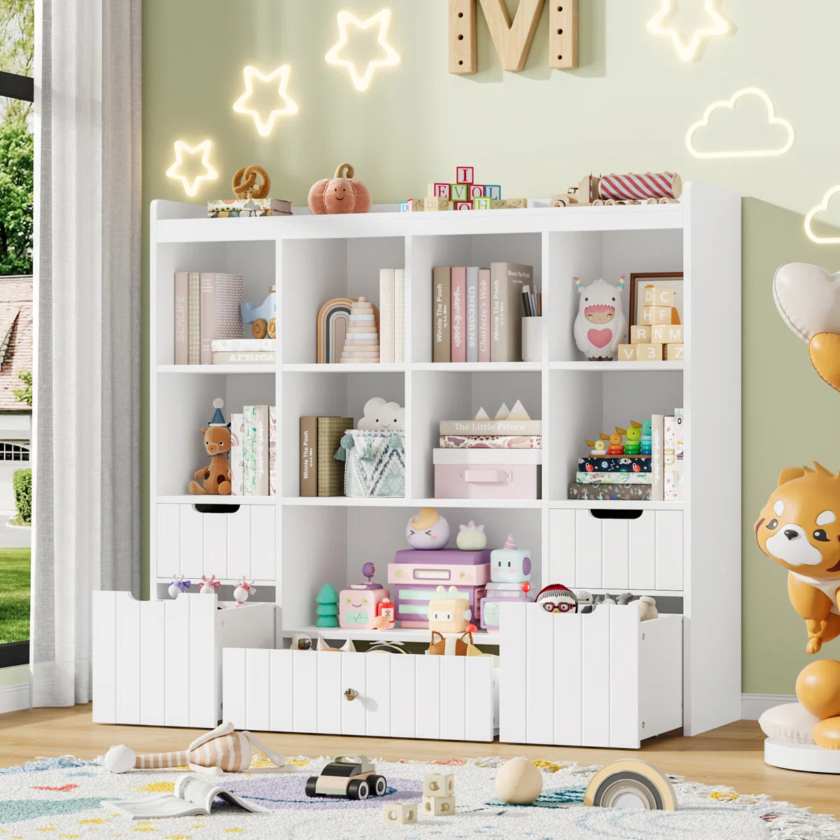 Kids Toy Storage Unit: 9-Cubby Bookcase with 5 Drawers for Toy & Book Storage