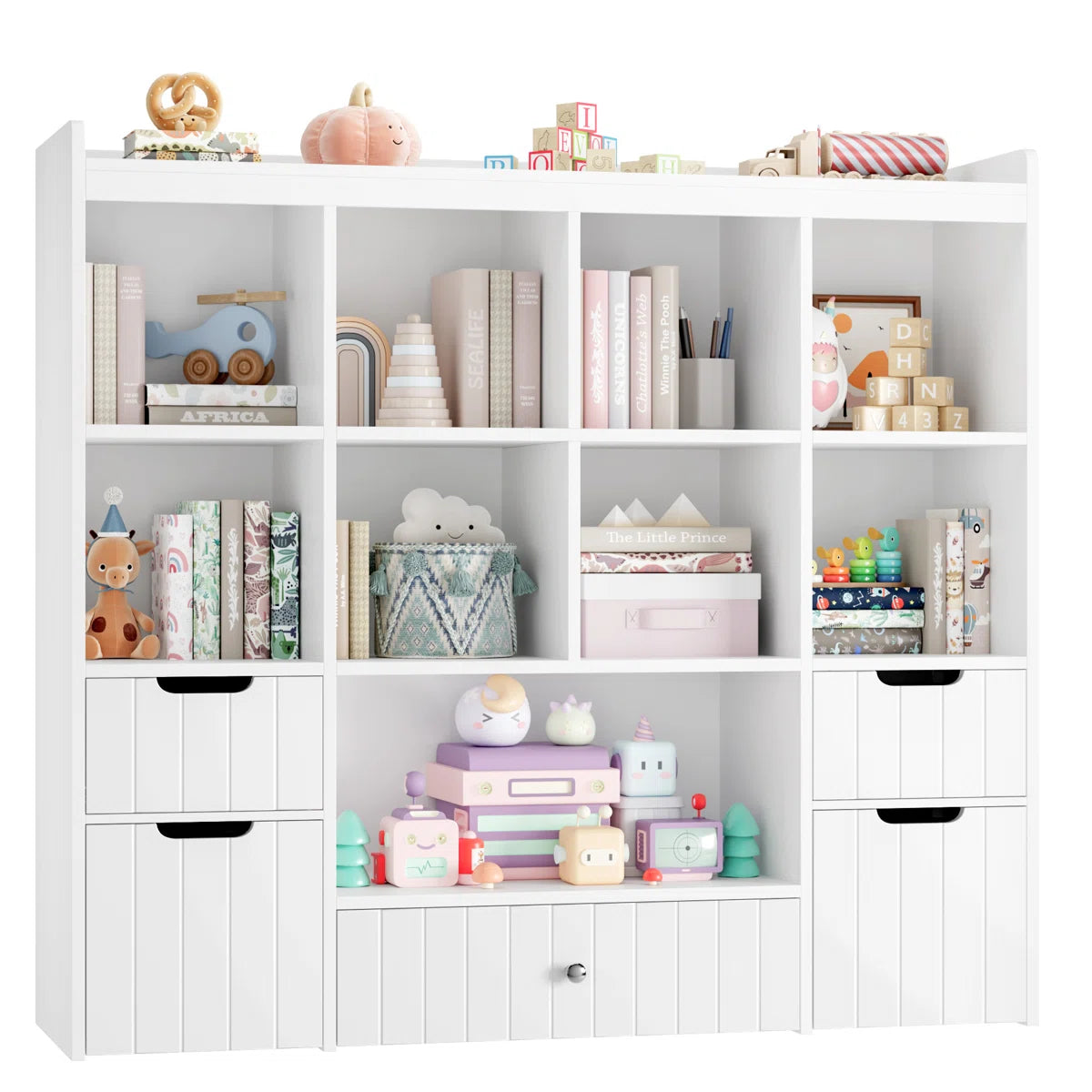 Kids Toy Storage Unit: 9-Cubby Bookcase with 5 Drawers for Toy & Book Storage
