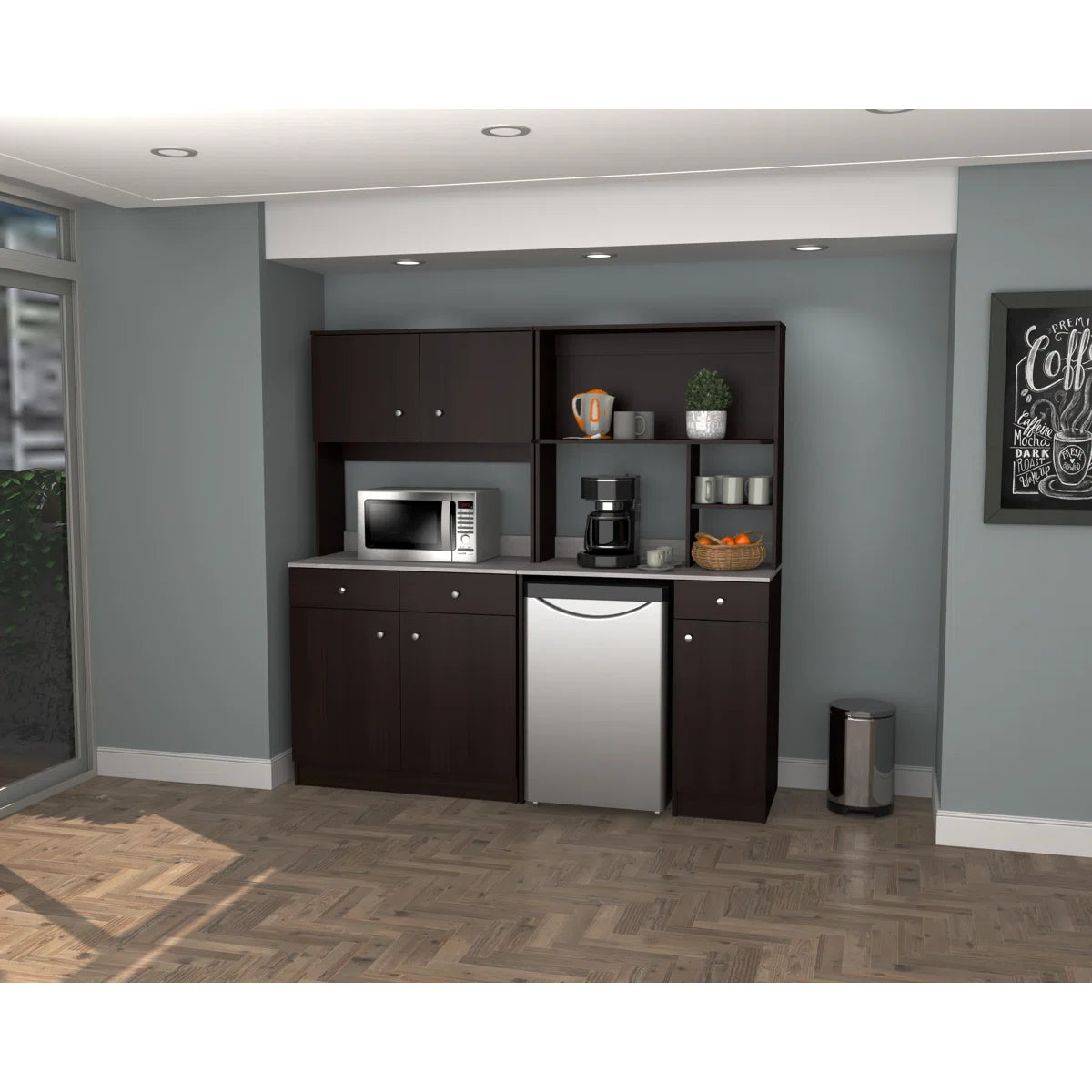 Microwave Stands: Ambrossia Espresso Kitchen the cabinet Set, 70.87" H x 72" W, Hardwood Cabinet with adjustable Shelves