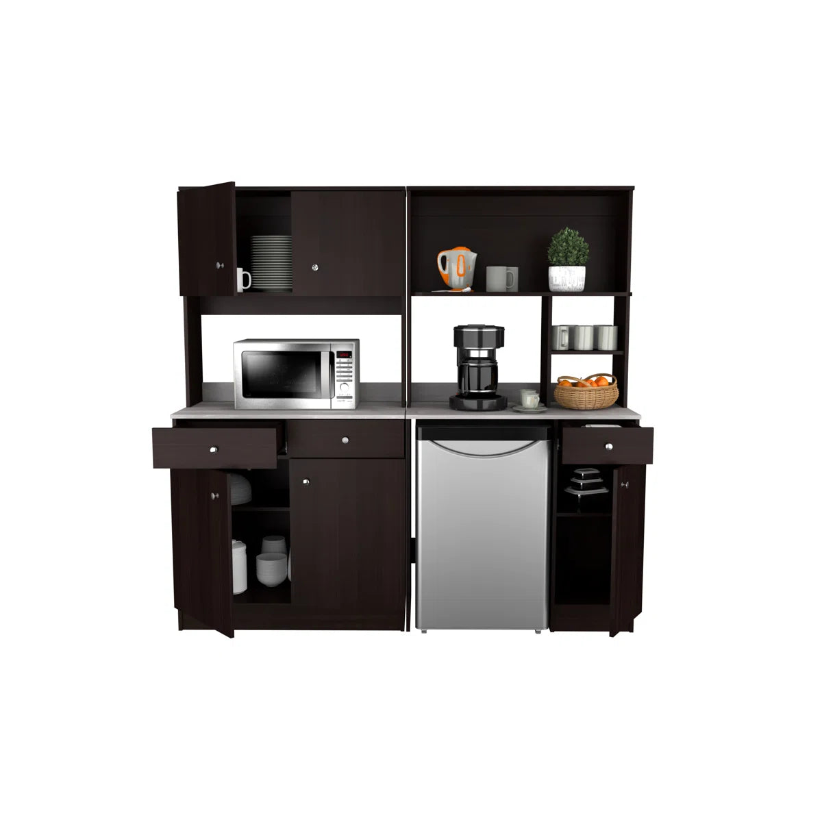 Microwave Stands: Ambrossia Espresso Kitchen the cabinet Set, 70.87" H x 72" W, Hardwood Cabinet with adjustable Shelves