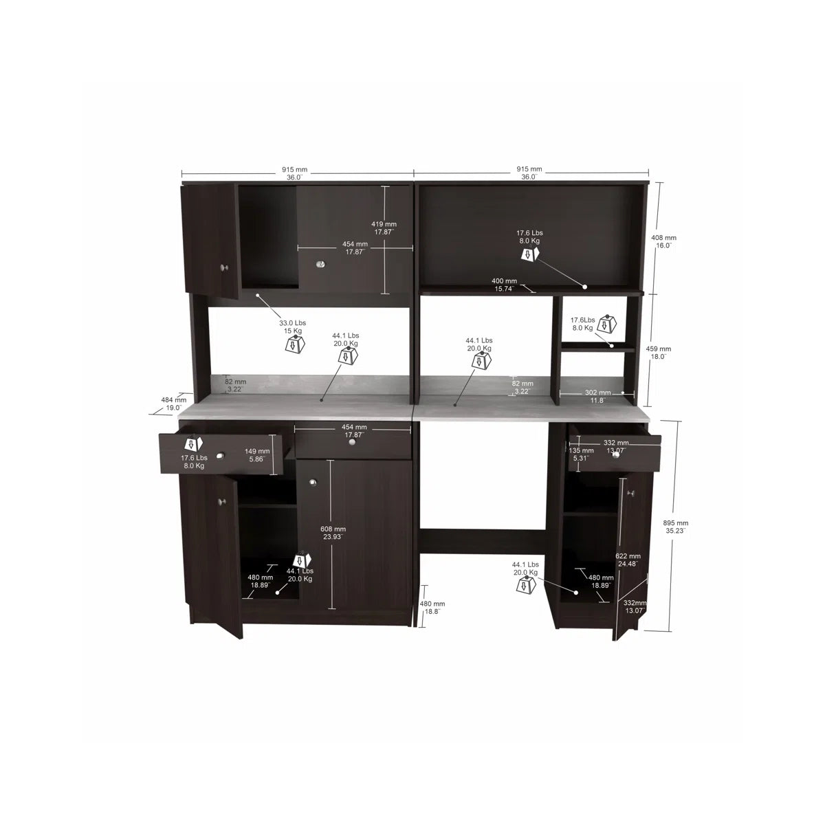 Microwave Stands: Ambrossia Espresso Kitchen the cabinet Set, 70.87" H x 72" W, Hardwood Cabinet with adjustable Shelves