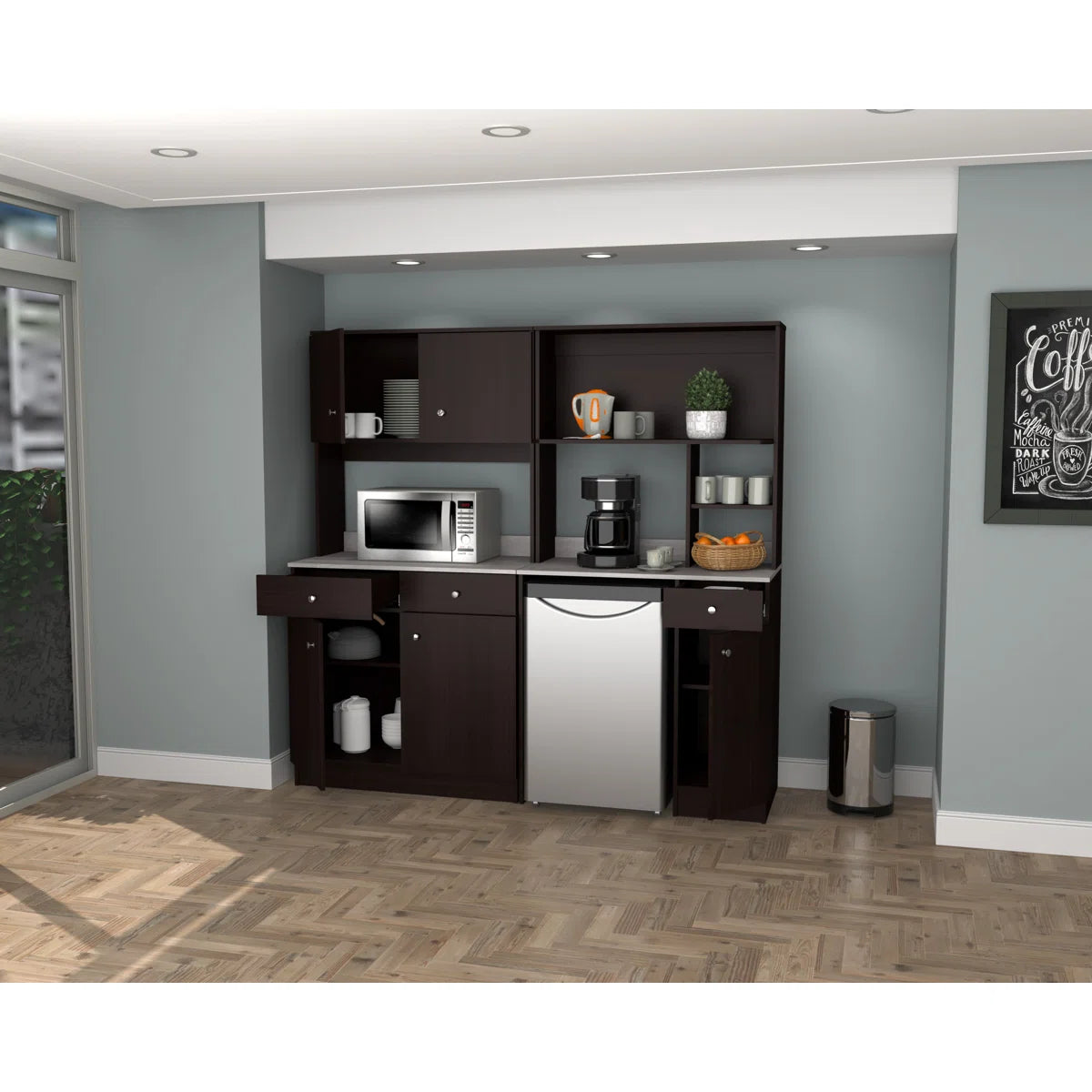 Microwave Stands: Ambrossia Espresso Kitchen the cabinet Set, 70.87" H x 72" W, Hardwood Cabinet with adjustable Shelves