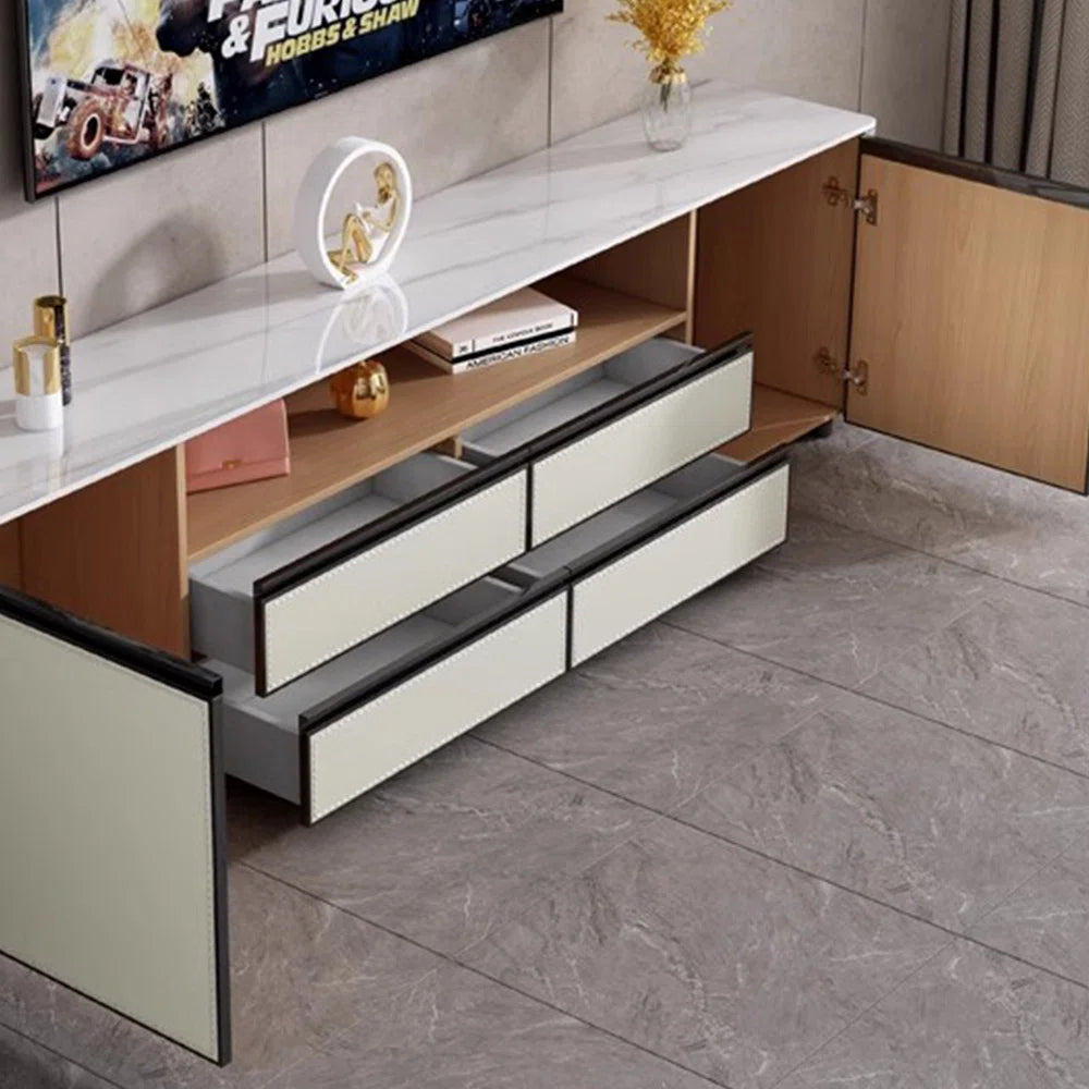 tv panel: American Style tv panel with Faux Leather Finish and Storage Shelves