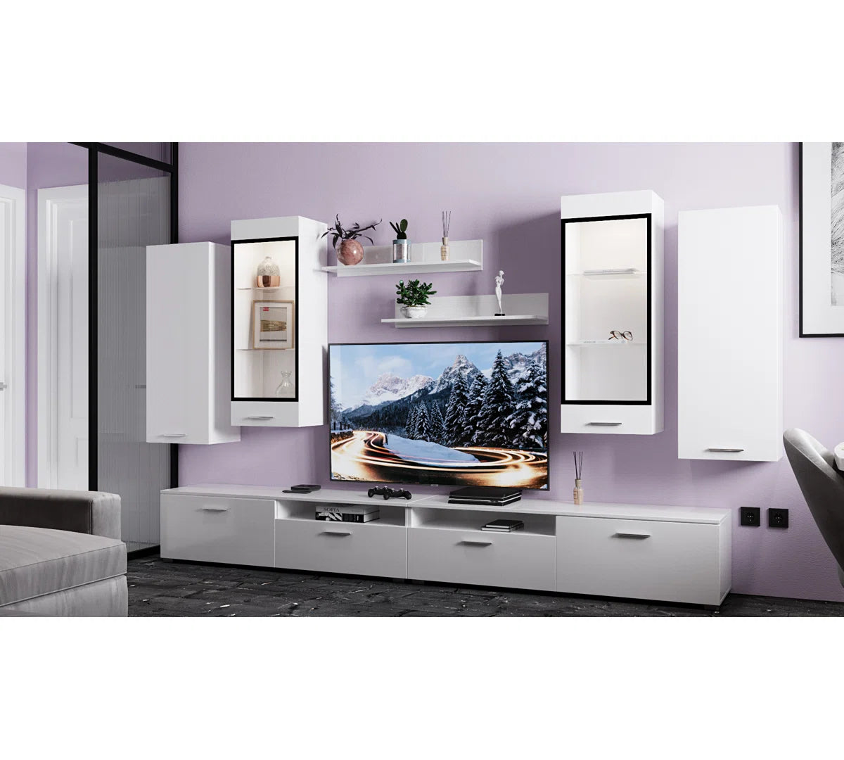 tv panel: Modern Entertainment Center for TVs up to 55" with Open Shelving