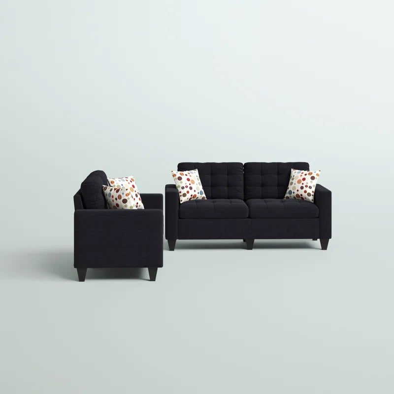 Luxury Sofa Sets: Black Contemporary 2-Piece Sofa & Loveseat Set with Biscuit Tufting and Throw Pillows