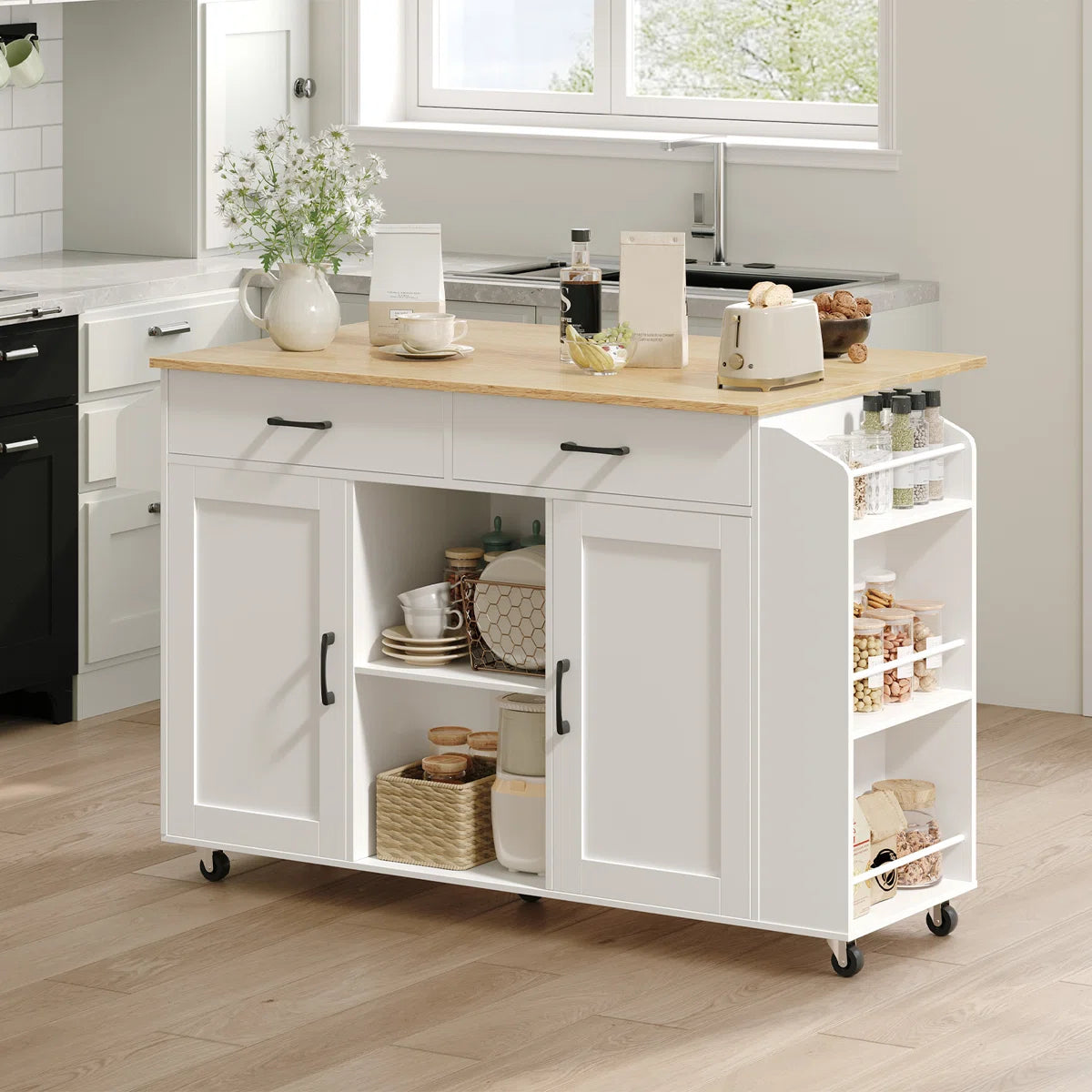 Kitchen Island Table: 52.8'' Foldable Kitchen Cart with Storage, Drawers, and Casters