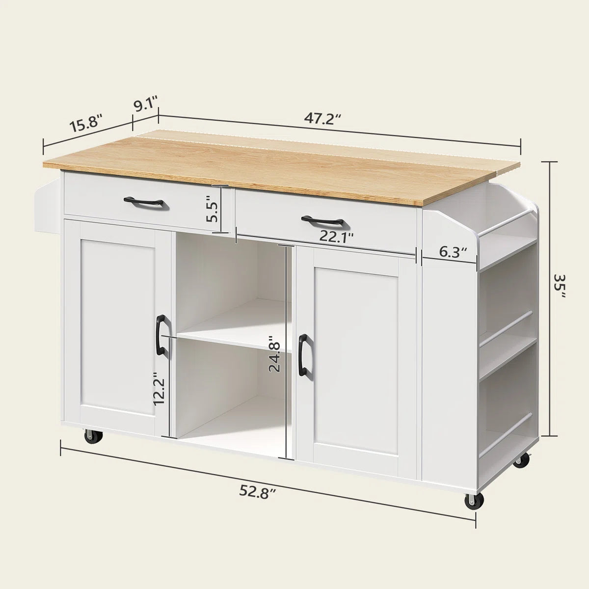 Kitchen Island Table: 52.8'' Foldable Kitchen Cart with Storage, Drawers, and Casters