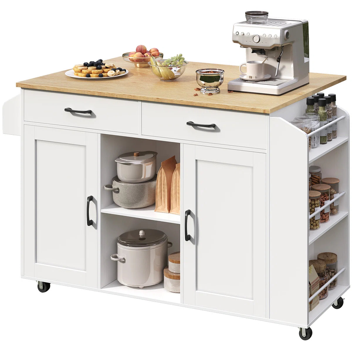 Kitchen Island Table: 52.8'' Foldable Kitchen Cart with Storage, Drawers, and Casters