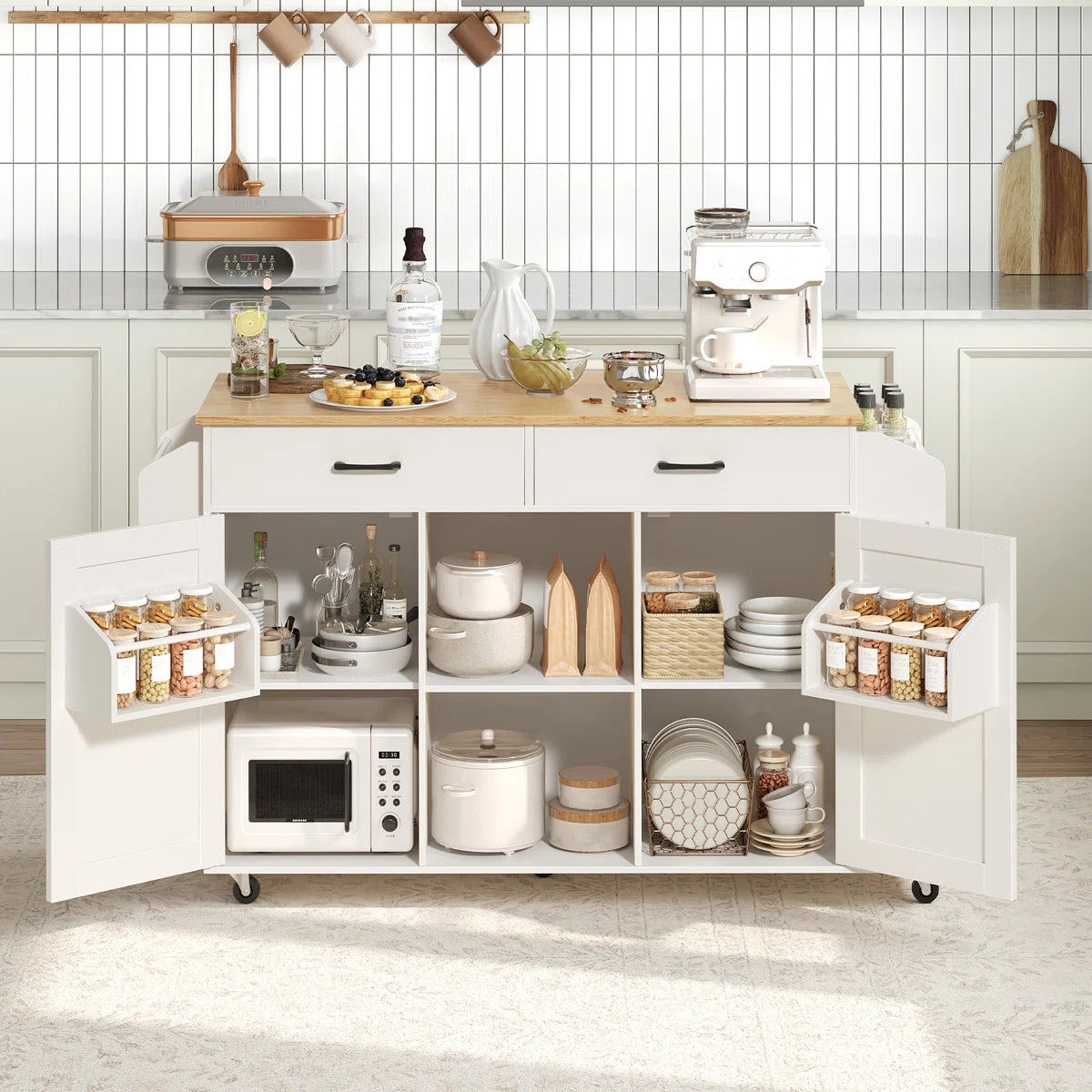 Kitchen Island Table: 52.8'' Foldable Kitchen Cart with Storage, Drawers, and Casters
